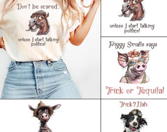 Funny Halloween Farm Animal Tee, Political Donkey, Piggy Tequila, Treat Dog, Haystack Donkey Shirt, Sarcastic Fall Tee