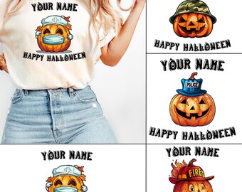 Funny Pumpkin Face Halloween Shirt with Custom Name, Police Nurse Firefighter Soldier Costume Tee, Fall Family Group Tee