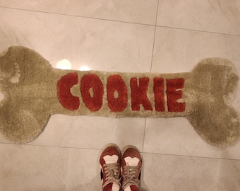 Handmade Bone-Shaped Dog Rug with 'Cookie' Design - Personalized Pet Mat for Dogs