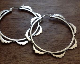 Large silver hoop earrings - scalloped hoop earrings, boho hoops, big silver hoops, sterling silver hoops, statement earrings, unique hoops