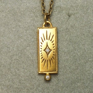 Lux 18k gold diamond necklace, solid gold medallion, gold talisman necklace, celestial necklace, starburst necklace, 18k gold bar necklace