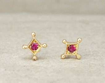 Tiny Ruby Starburst Stud Earrings: 18k Solid Gold, July Birthstone