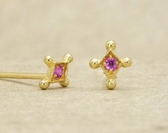 Tiny pink sapphire stud earrings, tiny gold studs, tiny star stud earrings, pink sapphire earrings, starburst studs, second hole studs