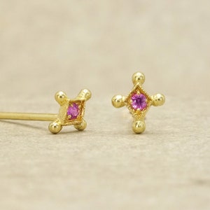 Tiny pink sapphire stud earrings, tiny gold studs, tiny star stud earrings, pink sapphire earrings, starburst studs, second hole studs