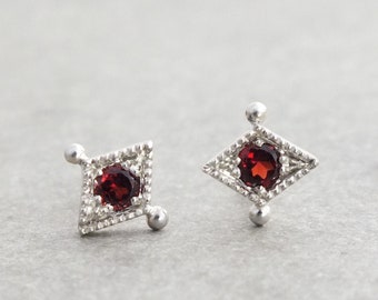 Aurelia stud earrings, Sterling silver Garnet studs, January birthstone, garnet earrings, Art Deco earrings, dainty studs - tiny stone studs