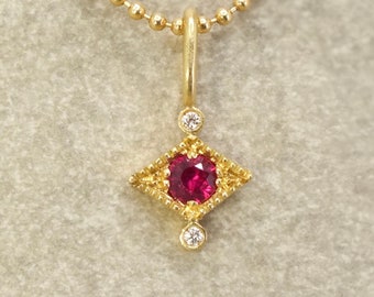 Tiny 18k gold ruby and diamond necklace, Aurelia ruby pendant, dainty gold necklace, dainty diamond pendant, May birthstone necklace