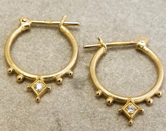 18k solid gold diamond hoop earrings, small gold hoops, hoop earrings solid gold, thin gold hoops, everyday hoops, unique hoop earrings