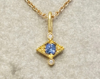 Tiny 18k gold sapphire and diamond necklace, Aurelia Ceylon sapphire pendant, dainty gold necklace,  September birthstone necklace