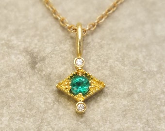 Tiny 18k gold emerald and diamond necklace, Aurelia emerald pendant, dainty gold necklace, dainty diamond pendant, May birthstone necklace