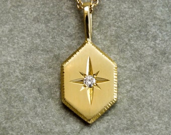 North Star necklace, 18k gold north star diamond necklace, starburst necklace, diamond solitaire star necklace, good luck charm