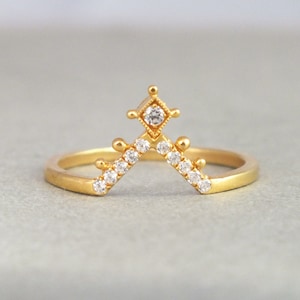 18k solid gold diamond ring enhancer, diamond wedding ring, chevron wedding band, celestial ring, stacking ring, yellow gold ring enhancer
