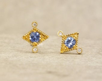 Aurelia 18k solid gold Ceylon sapphire stud earrings, sapphire studs, September birthstone, diamond earrings, dainty gold studs