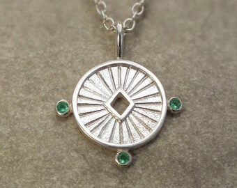 Aurora sterling silver and emerald necklace , celestial necklace, talisman, medallion, sun necklace, layering necklace, May birthstone