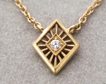 Tiny Art Deco 18k solid gold diamond necklace - diamond solitaire necklace, dainty gold necklace, dainty diamond necklace, Art Deco necklace