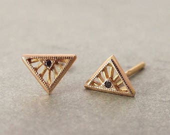 Tiny Art Deco diamond stud earrings - 18k gold Diamond Solitarire Stud Earrings - black diamond studs -  tiny gold stud - tiny diamond studs
