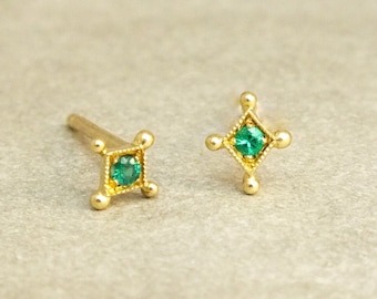 Tiny temple of the stars stud earrings 18k gold & emeralds, tiny gold studs, tiny emerald studs, celestial, starburst studs, May birthstone