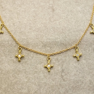18k Solid Gold Diamond Star Station Necklace: Dainty Celestial Jewelry