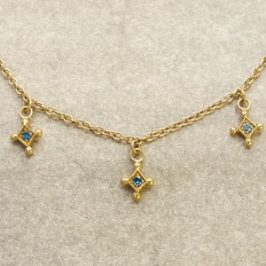 18k solid gold blue diamond station necklace, dainty diamond necklace, layered gold necklace, celestial, blue diamonds, something blue