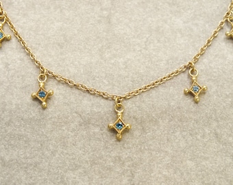 18k solid gold blue diamond station necklace, dainty diamond necklace, layered gold necklace, celestial, blue diamonds, something blue