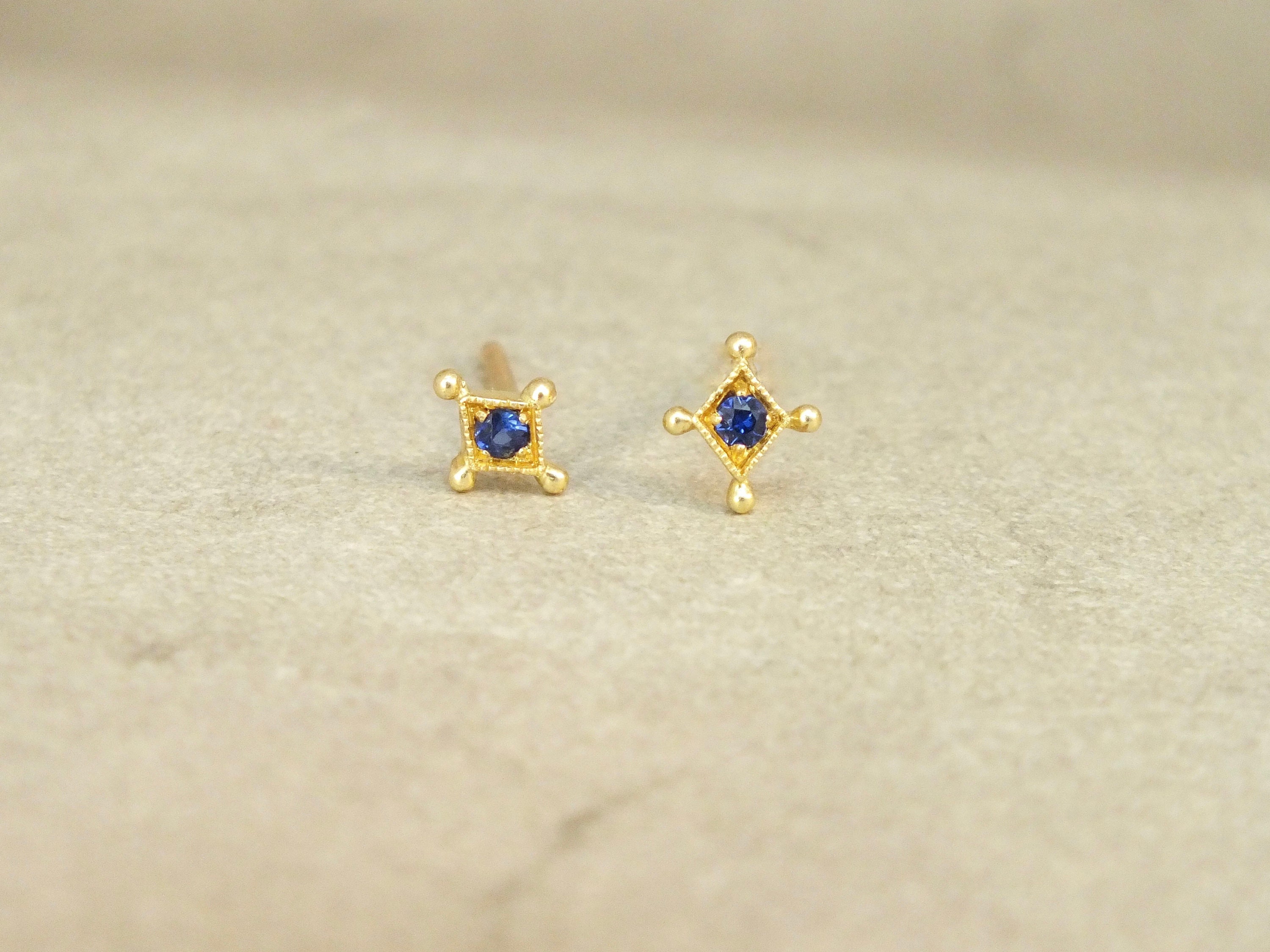 Tiny temple of the stars stud earrings 18k gold & sapphires, tiny gold studs, tiny sapphire studs, starburst studs, September birthstone
