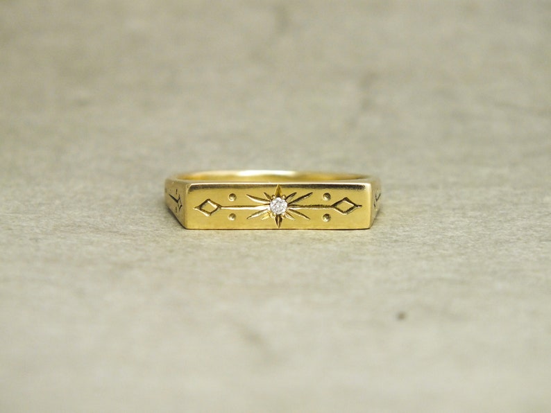 Signum diamond ring, 18k gold signet ring, intaglio ring, celestial ring, diamond signet ring, starburst diamond ring, engraved signet image 1