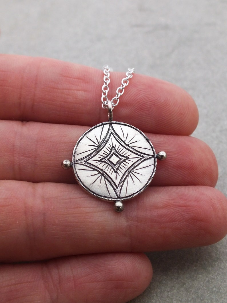 Astraeus necklace star pendant celestial necklace good luck charm, starburst necklace, coin charm, silver medallion, layering necklace image 3