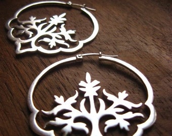 Large silver hoops, floral hoop earrings, sterling silver hoop earrings, boho hoops, big silver hoops, flower earrings, unique hoops