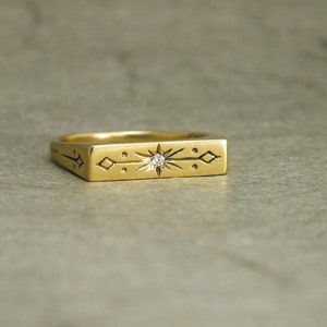 Signum diamond ring, 18k gold signet ring, intaglio ring, celestial ring, diamond signet ring, starburst diamond ring, engraved signet image 2