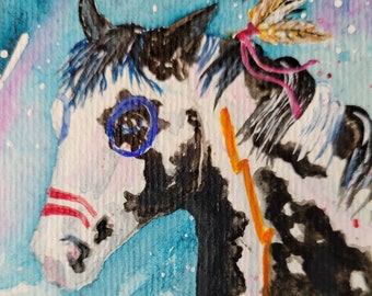Aquarelle originale, Paint horse, Pinto Pony, Résumé
