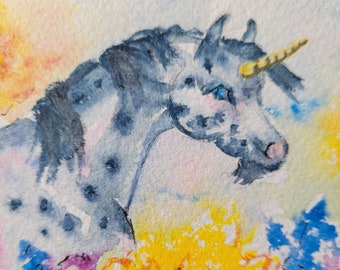 Aquarelle originale, Licorne, cheval, Poney, Abstrait, Fantastique