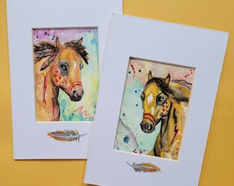 Original ACEO Watercolor Paintings, A Pair of Buckskin War Ponies Horse