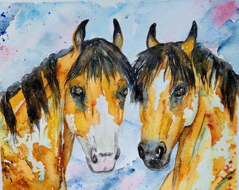 Original, aquarelle, cheval abstrait, poney, Mustang, dun, peau de daim