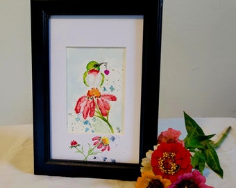 Purple, lavender, poppies, hummingbird,heart,flower,bird, bee, Original Watercolor SFA ACEO