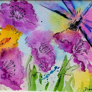Original Watercolor,Dragonfly,poppies,flowers, Abstract, Fantasy