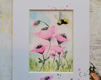 Bourdon, abeille, Fleurs, Aquarelle originale, Peinture miniature, ACEO,ATC, Art petit format