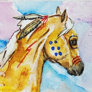 Palomino ,war Horse feathers totem Origininal, not a print watercolor ACEO image 1