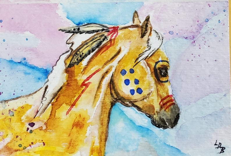 Palomino ,war Horse feathers totem Origininal, not a print watercolor ACEO image 1