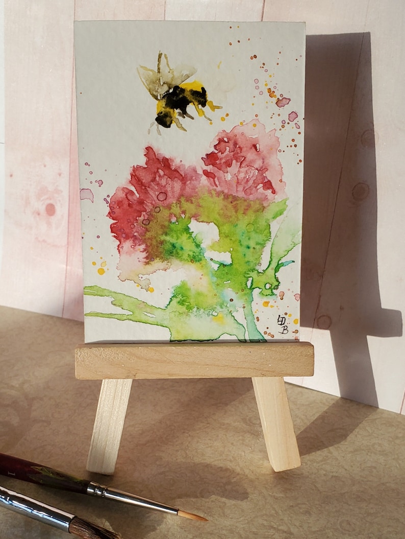 Miniature painting Bumble Bee original Watercolor ACEO,ATC Small format art Flowers