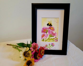 Bumble Bee, Flowers, original Watercolor, Miniature painting, ACEO,ATC, Small format art