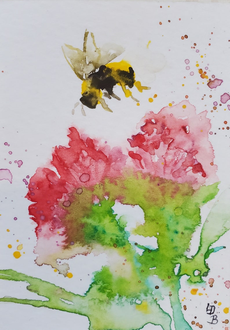 Miniature painting Bumble Bee original Watercolor ACEO,ATC Small format art Flowers