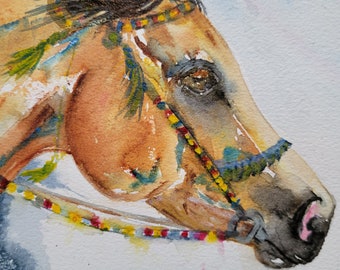 Cheval aquarelle original, Tribal en cours d’exécution