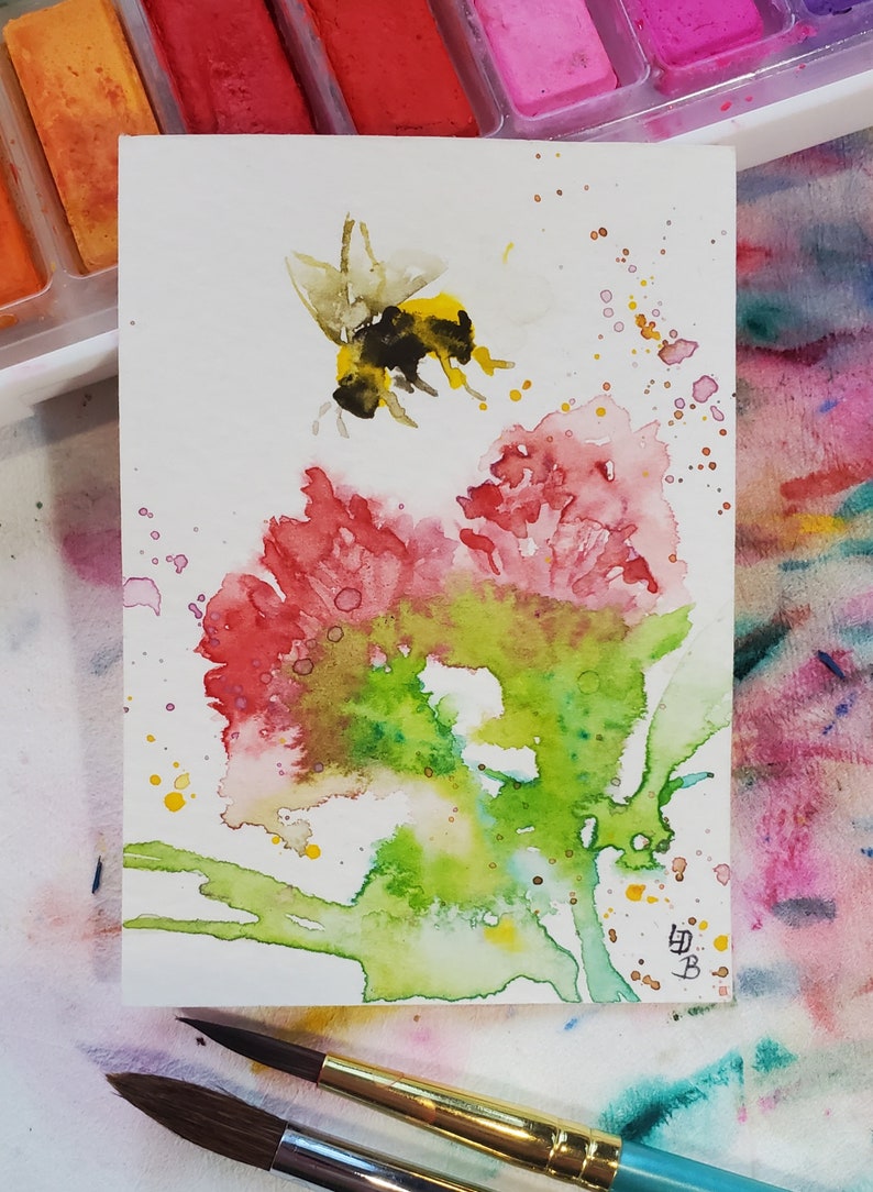 Miniature painting Bumble Bee original Watercolor ACEO,ATC Small format art Flowers