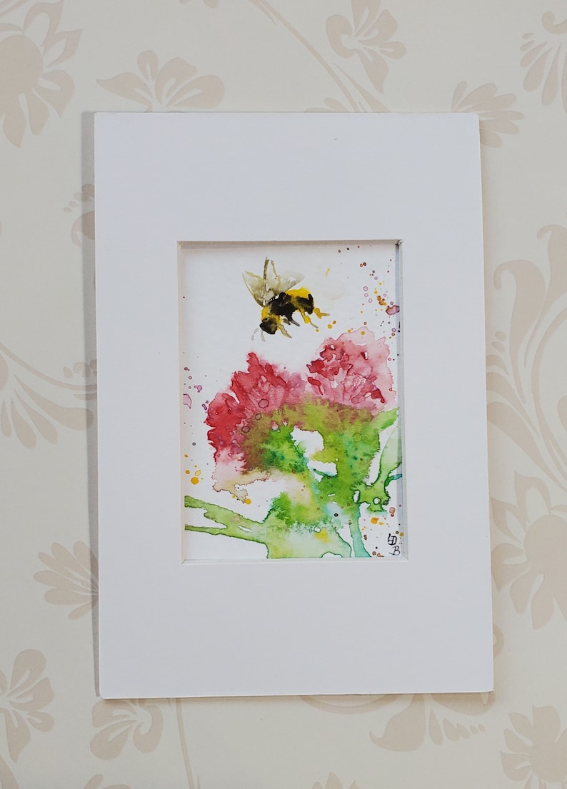 Miniature painting Bumble Bee original Watercolor ACEO,ATC Small format art Flowers