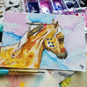 Palomino ,war Horse feathers totem Origininal, not a print watercolor ACEO image 3