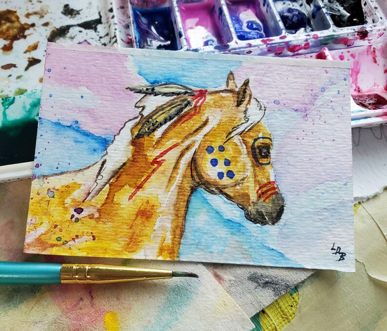 Palomino ,war Horse feathers totem Origininal, not a print watercolor ACEO image 3