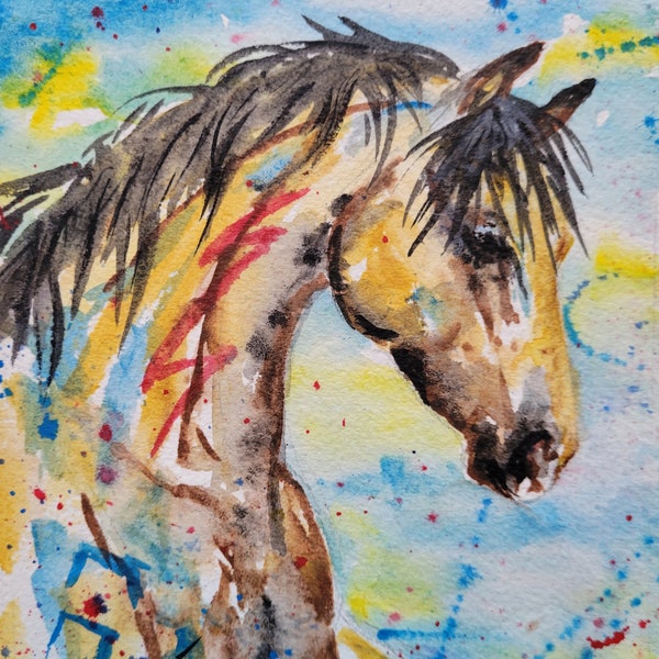 Original Abstract Watercolor War Indian Horse