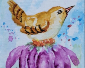 Purple, lavender, cone flower, echinecia, wren,flower,bird, bee, Original Watercolor SFA ACEO