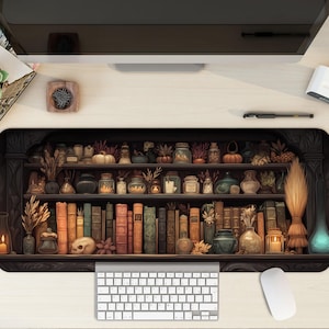 Witchy Apothecary Desk Mat | Dark Academia Mouse Pad | Mystical Bookshelf Gaming Desk Pad | Autumn Witch Aesthetic Office Decor