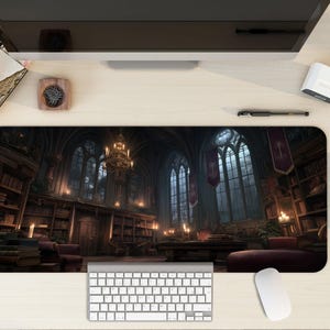 Gothic Library Desk Mat | Large Fantasy Mouse Pad Gaming Office Home Decor Dark Academia School