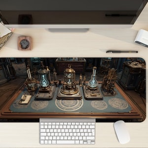 May include: A desk mat with a steampunk design. It features several brass-coloured devices with glowing blue elements. The mat is set against a detailed interior scene. A keyboard and mouse are visible. The mat is designed for a computer desk.